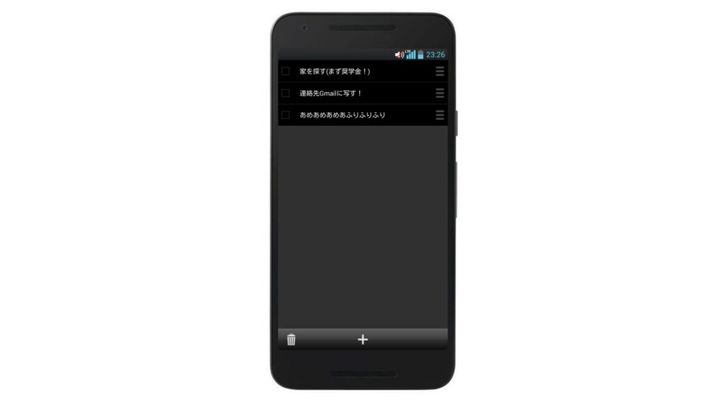 スマートフォンのスクリーンショット、シンプルなチェックリストアプリのインターフェースが表示されている。リスト項目にはチェックボックスがあり、下部にはゴミ箱ボタンと追加ボタンが見える。