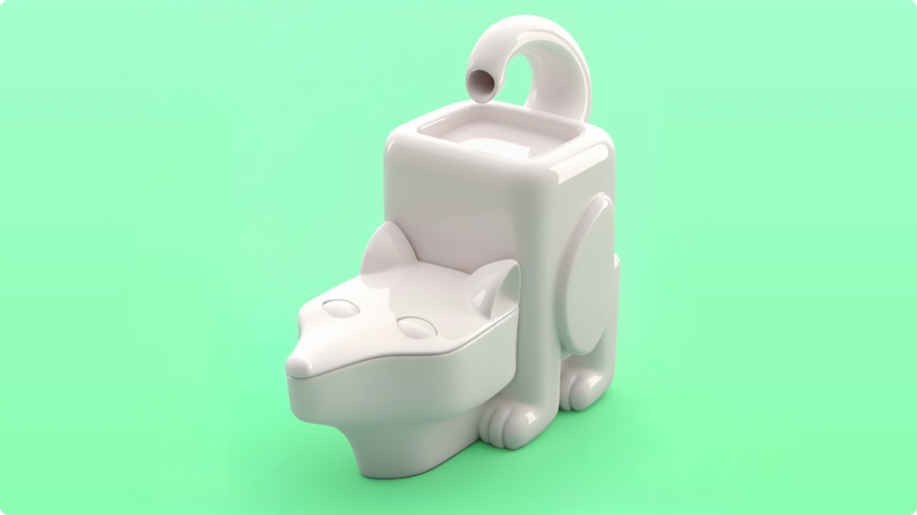 白い犬の形をしたユニークなデザインのトイレ。エコフレンドリーな機能を持つ革新的な製品。