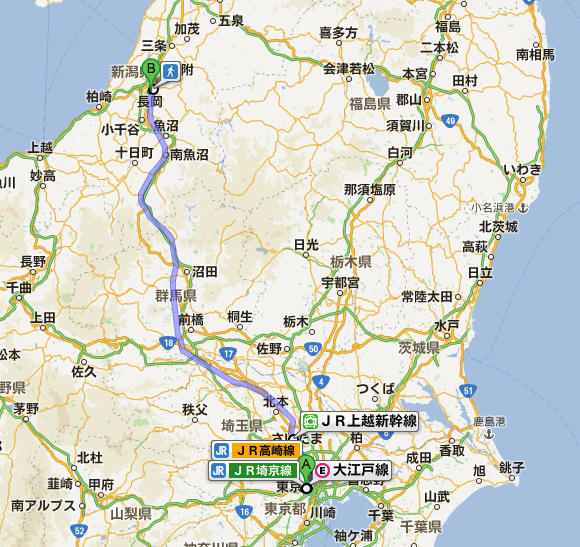新潟と東京の間の地図、鉄道路線や主要都市が示されています。