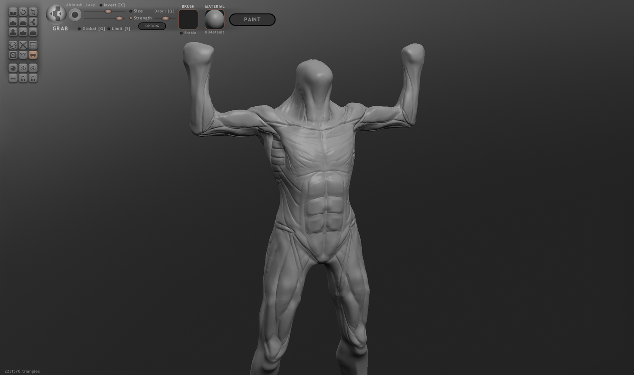 3Dモデリングソフトウェアのスカルプトリスで作成された有機的な形状のフィギュア。筋肉質な体型を持ち、両腕を上げたポーズをとっている。