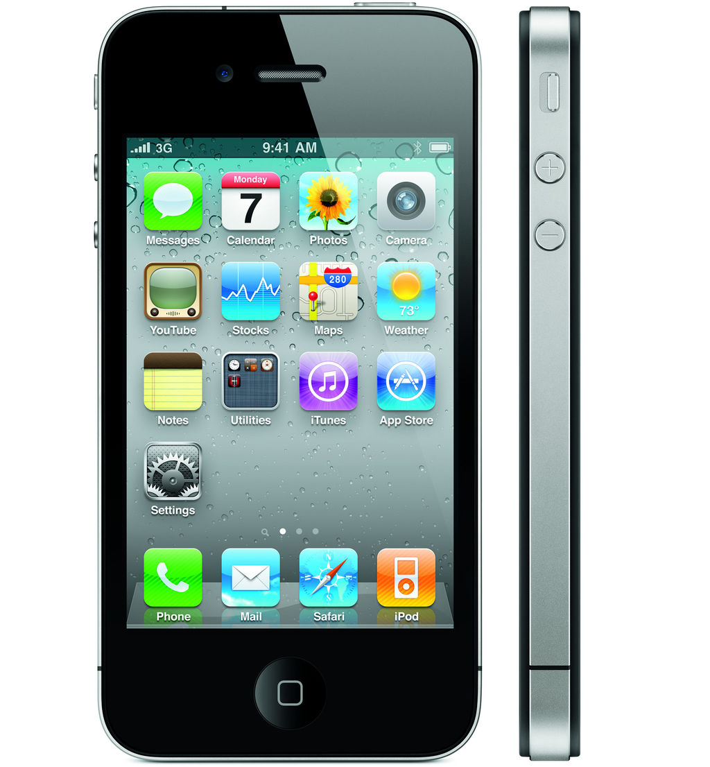 iPhone 4の正面と側面を映した画像。画面にはアプリのアイコンが表示されている。