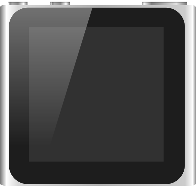 タッチスクリーンを持つiPod nano第6世代のイラスト。シンプルなデザインでスクリーンがあり、周囲にはボタンが配置されている。