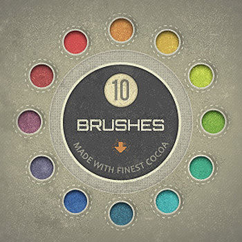 カラフルなブラシのサンプルが円形に配置された画像。中央には「10 BRUSHES」と書かれたラベルがあり、下には矢印が描かれている。