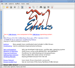 Emacsの初期画面が表示されたウィンドウ。上部にメニューバーがあり、Emacsのロゴとバージョン情報が含まれている。