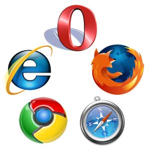 異なるインターネットブラウザのロゴが並ぶ画像。左から順に、Opera、Internet Explorer、Google Chrome、Mozilla Firefox、Safari。