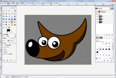 GIMPのユーザーインターフェースの画面、キャラクターの顔が描かれたデジタルアート