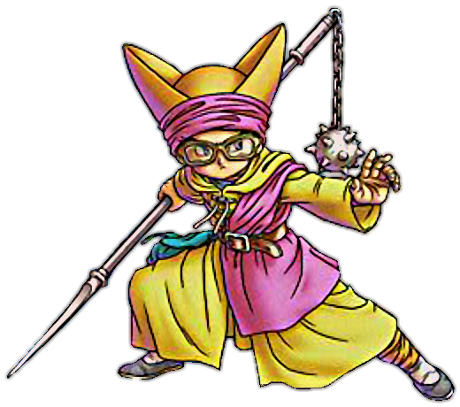 A character from Dragon Quest VI, depicted in colorful clothing with round glasses, wielding a spear and a weapon attached to a chain.