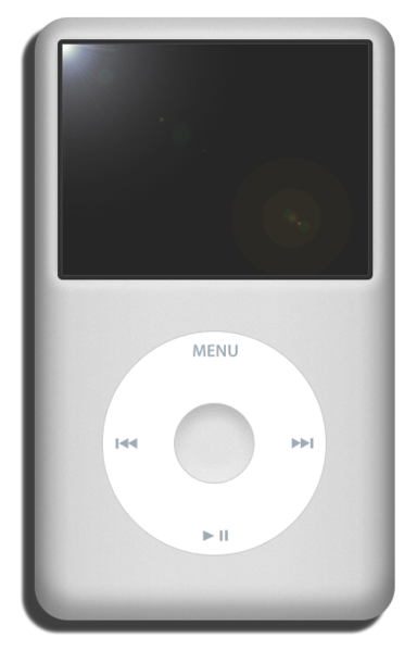 iPod Classic with a click wheel interface, featuring a grey casing and a rectangular screen.