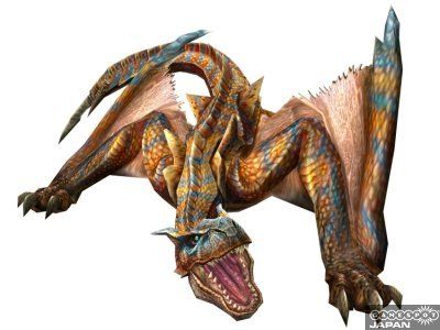 ティガレックスというモンスターのイラスト。特徴的な角と鋭い爪を持ち、鮮やかな色彩の鱗に覆われている。地面に伏せている姿勢で、威嚇するように口を開けている。