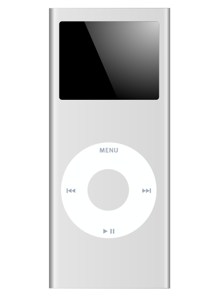 白色のiPod nano第6世代のデジタル音楽プレーヤー。タッチスクリーンとクリックホイールのデザインを持っている。
