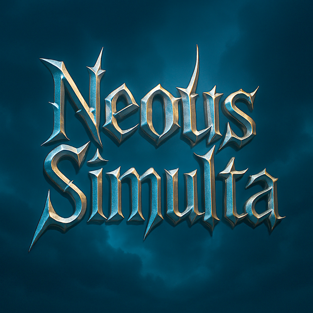 青い雲の背景に金色のフォントで「Neolus Simulta」と書かれたグラフィックデザイン