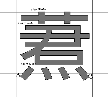 漢字の「葬」が描かれた画像で、異なるグリフ番号を示すラベルが付いている。