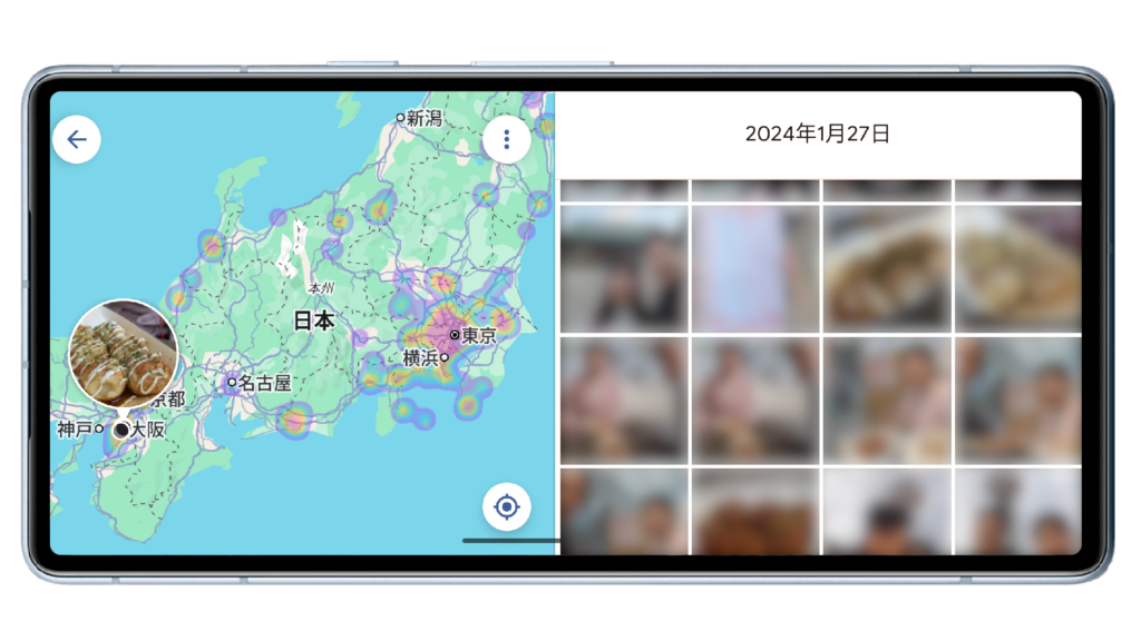 日本の地図と、特定の日付の写真が表示されるスマートフォンの画面。地図上にはヒートマップがあり、左側には選択した場所に関連する写真がサムネイル形式で並んでいる。