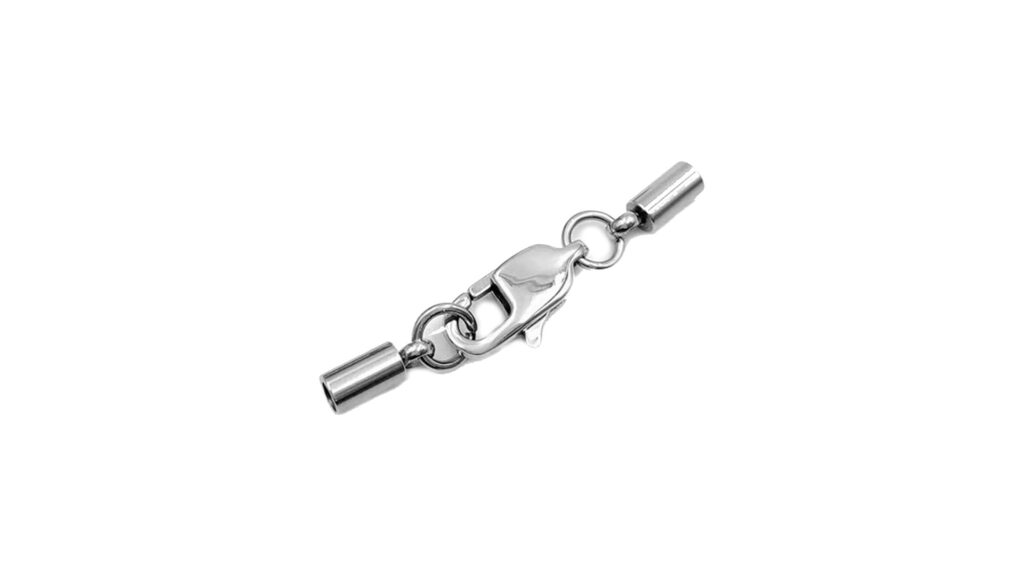 A silver metal swivel snap hook with two cylindrical openings on either end.