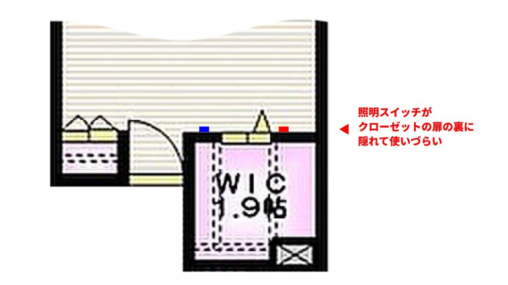 間取り図のイラスト。ウォークインクローゼットの照明スイッチの位置と、手前に設置されたリモートボタンを示している。