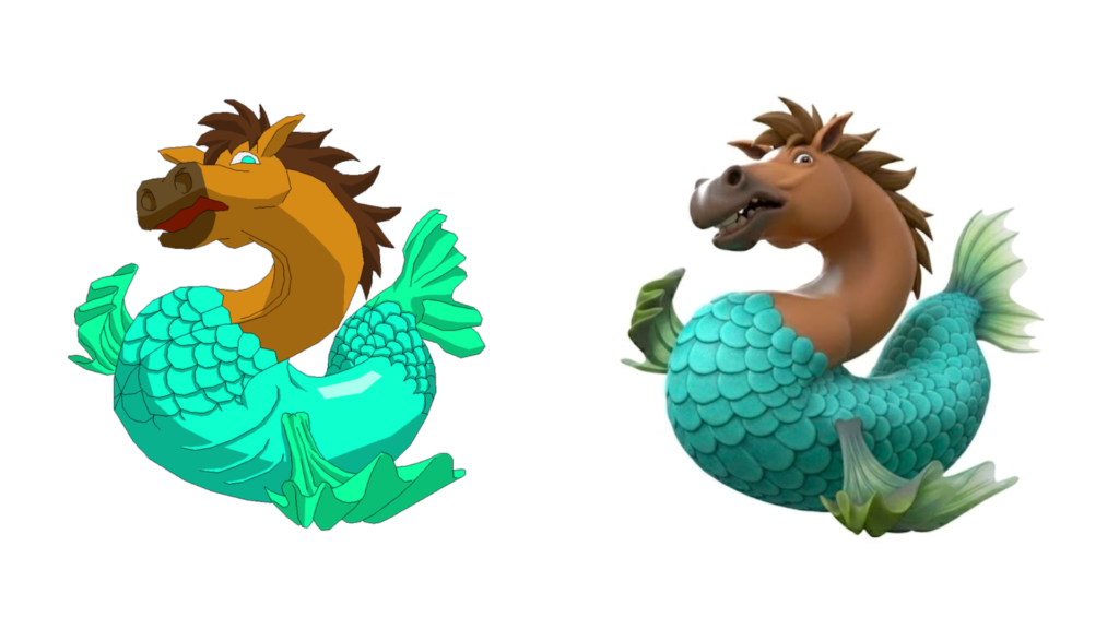 左側は手書きの馬のような形のキャラクター、右側は同じキャラクターを3D風に変換した画像で、色と質感が異なる。
