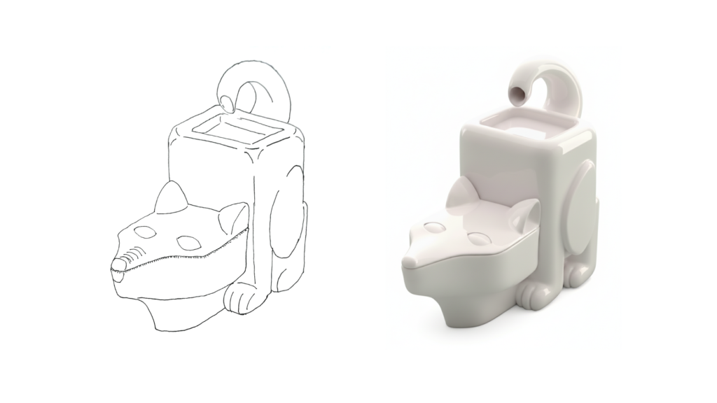 白い犬の形をしたデザインアイテムの2Dスケッチと3Dモデルの比較。