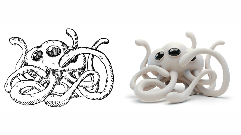 左側に手書きのタコのイラスト、右側に3DCG風に変換されたタコの画像が並ぶ