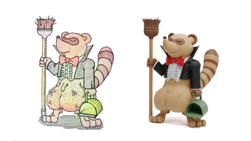 左側は手書きスタイルのタヌキイラスト、右側はその3D CG版。タヌキはタキシードを着て掃除用の道具を持っている。