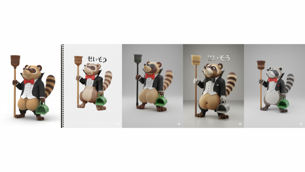 4つの異なるバージョンの3D風狸キャラクターが、ハイタキシードを着て掃除用具を持っている画像。中央には日本語のテキスト「せいそう」が表示されている。