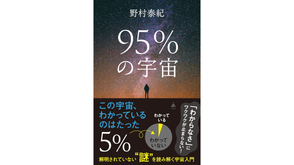 Book cover of '95%の宇宙' featuring a starry sky background and a silhouette of a person gazing at the stars with text about understanding the universe.