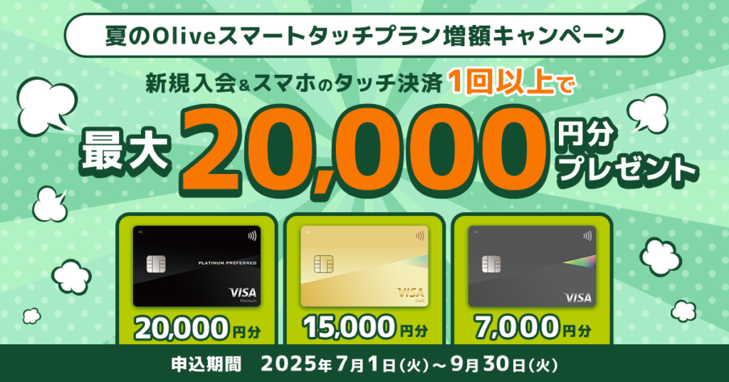 Oliveスマートタッチプラン増額キャンペーンの案内画像。新規入会とスマホのタッチ決済1回以上で最大20,000円分プレゼントの内容が記載されており、異なる額面のVISAカードが3枚並べられている。