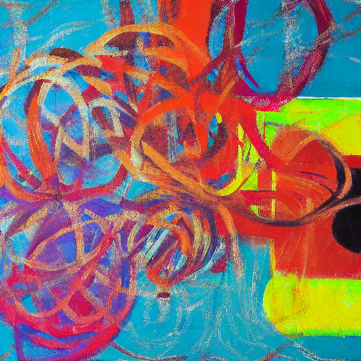 An abstract painting featuring a mix of vibrant colors like blue, orange, and yellow, with swirling lines and circular shapes creating a dynamic composition.