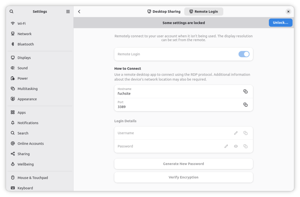 Screenshot of system settings interface displaying options for remote login and desktop sharing.