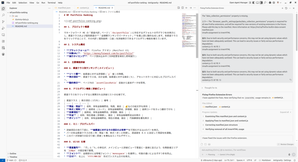 画面上に表示されたFirefox拡張機能の開発に関するコードや設定ファイルのスクリーンショット