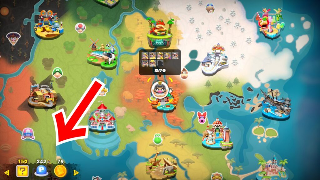 A colorful Mario Kart map featuring various themed areas and landmarks, with an arrow pointing towards a specific location on the map.
