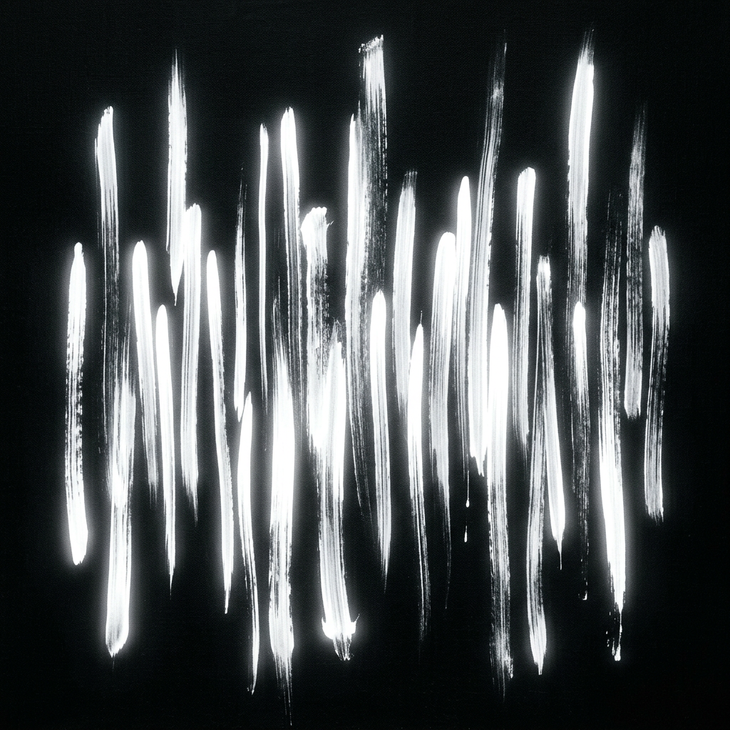 Vertical white brushstrokes of varying thickness on black background